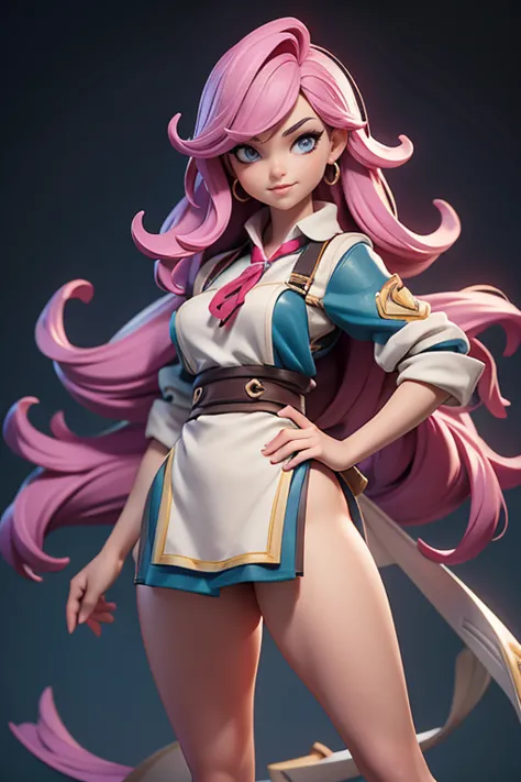 Q version of League of Legends Vi figure, wearing only an apron over bare skin, buttocks and thighs visible, standing with one hand on hip and legs spread apart, full-length view,