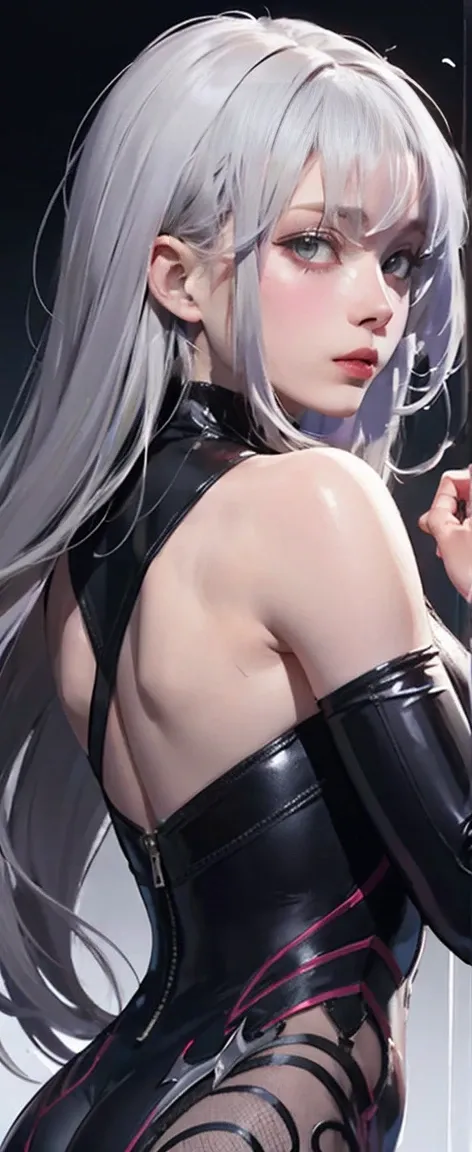 ((Grey Hair)),Heroic female characters from My Hero Academia, Surrounded by an aura of dark energy, length, Straight black hair is flowing down her back , Straight bangs that frame the face, her piercing hazel eyes shine with otherworldly strength. Her ski...