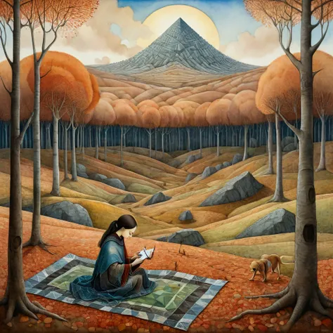 A whimsical watercolor painting by Jacek Yerka Paul Klee Jean-Baptiste Monge H.R.Giger Josephine Wall.  Landscape, a wide shot of a woman, balck hair, is sewing a wide patchwork blanket, with irregular triangular wefts with warm colors, brown ochre, red, s...