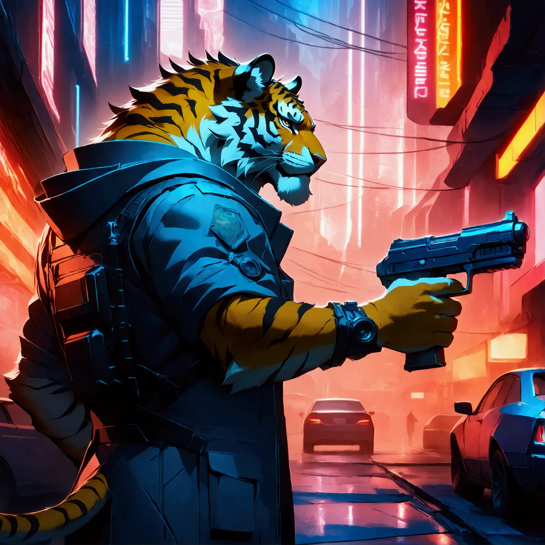 cyberpunk tiger warrior, neon lights, futuristic city, holding laser gun, concept art, highly detailed, 8k, ultra-detailed, phot...