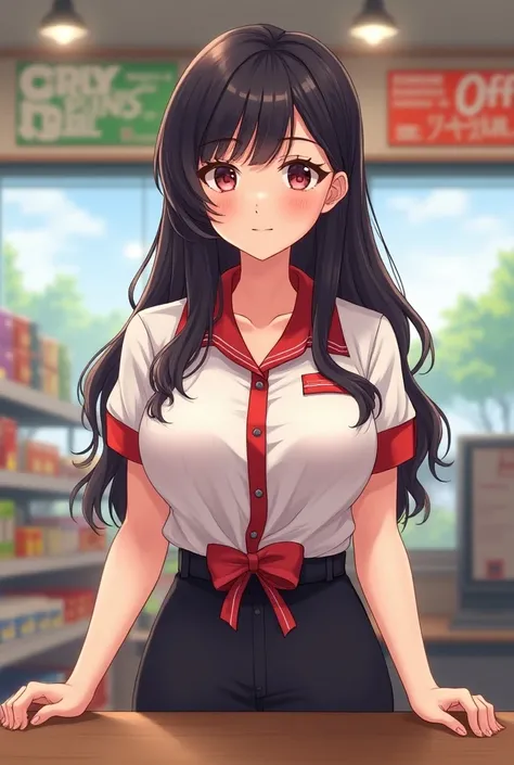 woman、Age 19、Beautiful Hair、cute、Convenience store uniform、part-time job、Cashier job at a convenience store、 From the front、 has big breasts、  Illustration, 