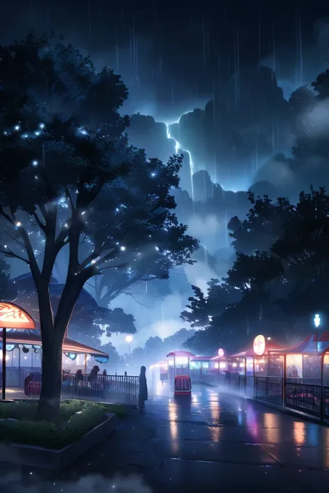  AMUSEMENT PARK - NIGHT
A storm is coming. Lightning lights up the dark sky. The park is
shrouded in fog ,  with lights flashing intermittently .