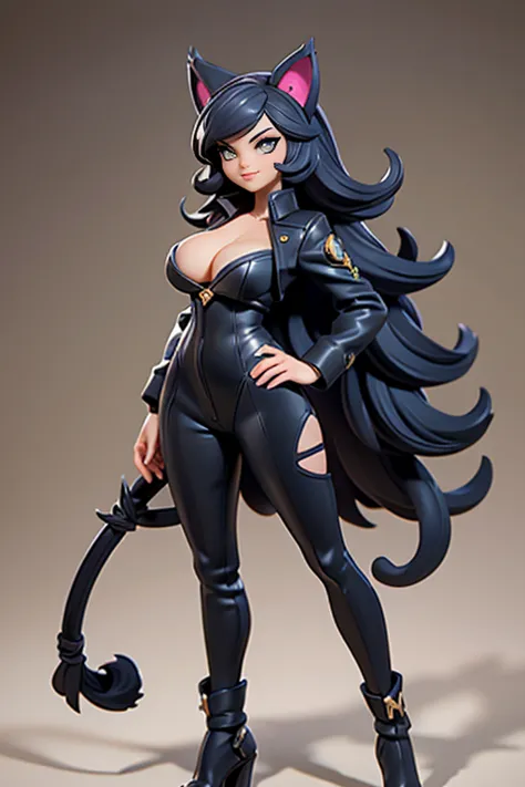 Q version of League of Legends Vi figure, wearing cat suit, black cat ears, cleavage, standing with one hand on hip and legs spread, full length view,