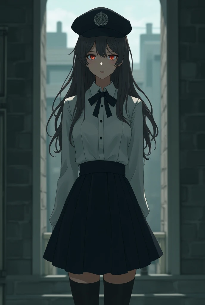  A high school girl in a 19th century school uniform and a black beret.   She should be in a very mysterious school  .   I want to see her full body and she has long hair . It should be animated art  