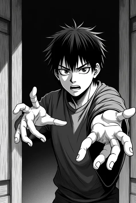 Like manga, black and White 

Medium shot of Hiroshi reaching out with a trembling hand, torn between fear and curiosity.