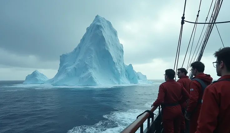 Crew members alert as they spot a large iceberg looming in the distance.


