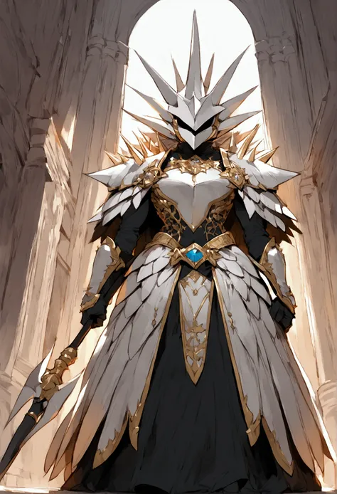 A knight in bird-like armor、Standing with a spear　Its spiky