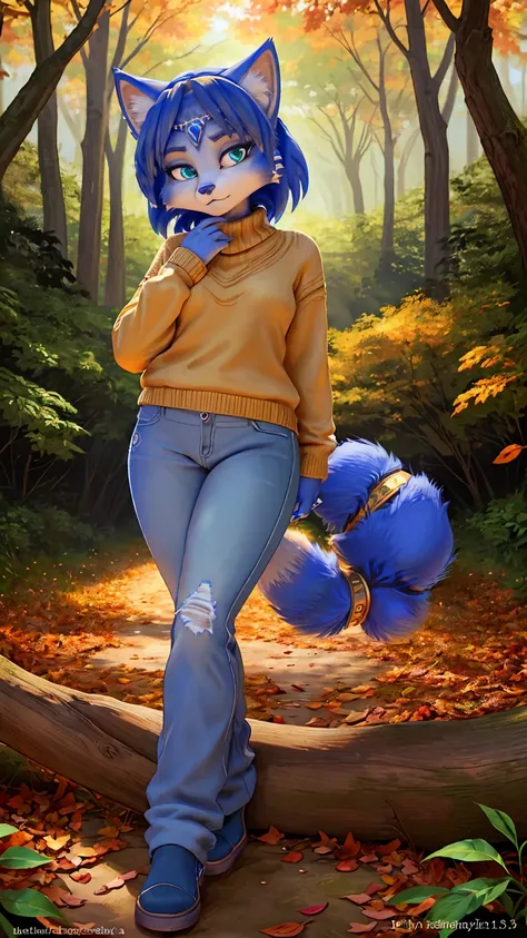 a picture of ((krystal)), Star Fox-Krystal, lovable, green eyes, ((( long blue hair 1 .3))), Decollete, anthro, Fuzzy,  detailed Fluffys fell,  detailed face, (Fluffy),  1 girl, Alone, herbstlicher Forest, ( cuddly sweater, Jeans),  fallen leaves , Forest,...