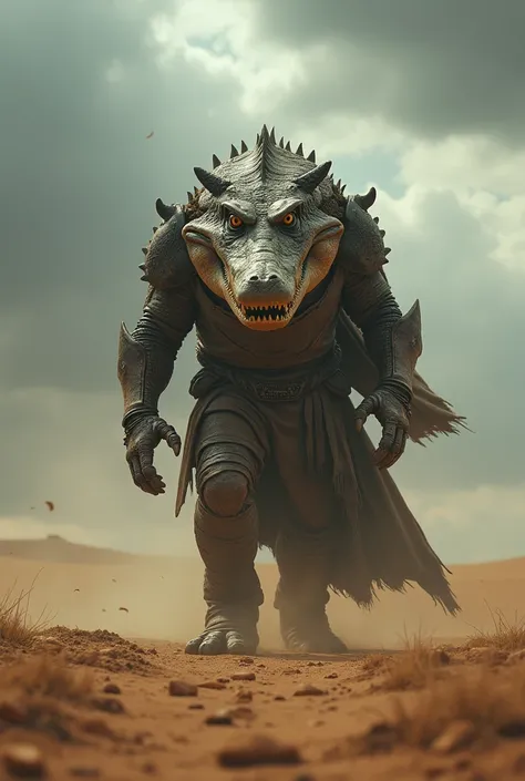 Creates an ultra-realistic and dramatic scene in a featureless desert, with a large, highly detailed and menacing humanoid warrior with a crocodile head, stomping at the camera. The crocodile wears complex and dusty armor made of leather, metal and bone, w...