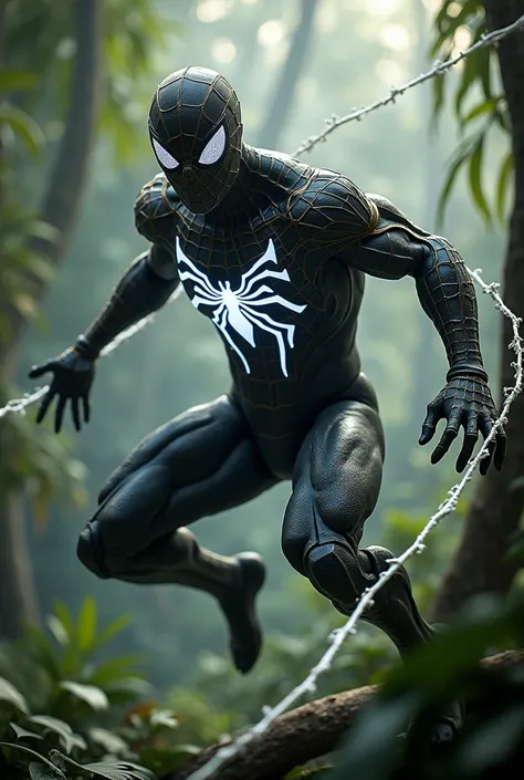 Savage theme suit Spider-man, glowing white line, swinging on a savage jungle 