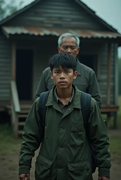 Close-up of a 20-year-old Vietnamese man with a worried and scared face, wearing a green jacket, carrying a black backpack, behind him is an Asian man with white salt and pepper hair standing in front of an old wooden house, the space is dimly lit, dark an...