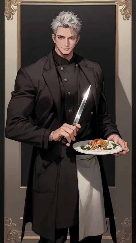 (Best Quality,4K,8k, high definition,masterpiece),Super detailed,1 person,45 years old, mature man,Muscular,Square chin、smile、Short grey hair, short hair、Chef、Chef&#39;s coat、(( dark eyes)),Knife、Dark Background, (( is anatomically correct,))、