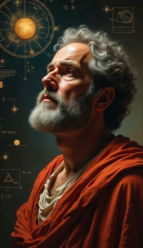 a highly detailed portrait of Aristarchus of Samos, mathematician and astronomer, deep in thought, with mathematical and astronomical symbols and formulas floating around him, cinematic lighting, photorealistic, intricate details, dramatic composition, ric...