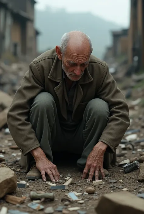 An elderly man cries over his destroyed house 