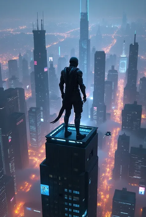 Wide shots of neon lights and holograms illuminating scenes, futuristic cityscapes, flying cars and towering skyscrapers, a cyborg standing on a rooftop overlooking the city, cyberpunk style with a sly and high-tech vibe.