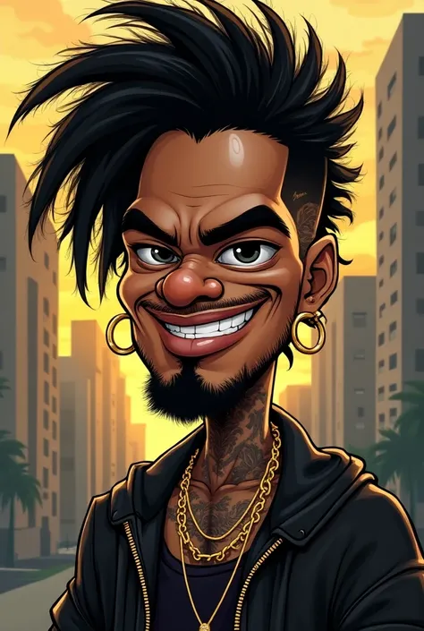 "Caricature of Matuê , Brazilian rapper , with exaggerated features: long and voluminous hair, visible tattoos,  urban style and modern clothing .  The face must have intense expressions ,  with a highlight for the eyes and a charming smile .  The color pa...