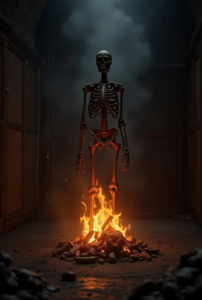 burning human bone in dark room