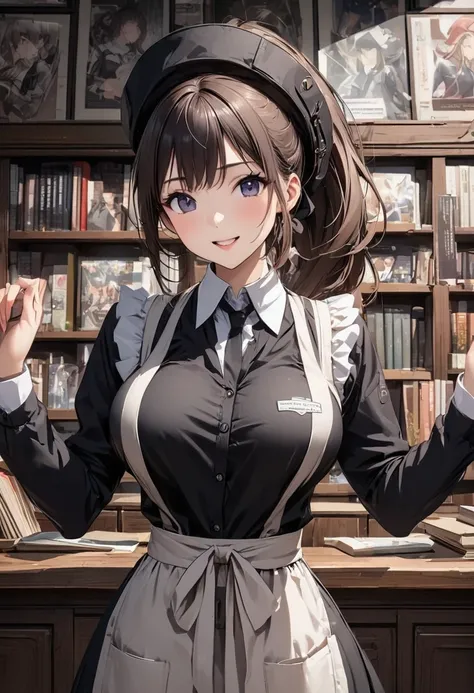 Beautiful girl 、Age 30、Best Quality、Ultra-precision、Detailed drawing、clerk、A bright bookstore、Lots of books on the wall、 black shirt、tie、apron、 Casket Hat 、Sharpness、 ponytail、Vivid colors、upright posture、front、 looking at the camera、A very ecstatic expres...