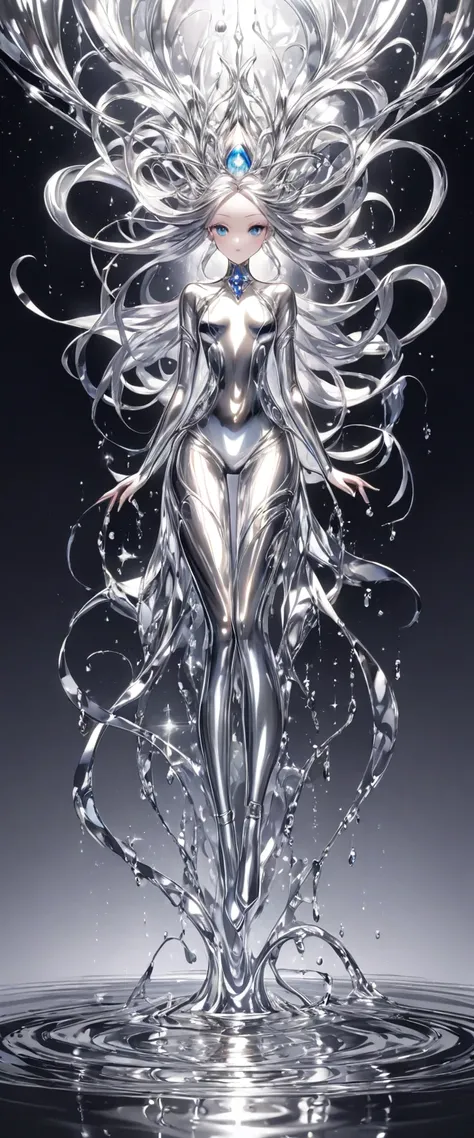  (No characters) Faucet Liquid Silver Metallic Shiny Silver Metallic Shiny Fluid Silver、Beautiful woman、Slender Full Body Liquid Art Style Detailed Intricate Masterpiece , Best Quality、 eyes are shining