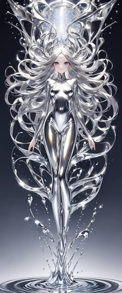  (No characters) Faucet Liquid Silver Metallic Shiny Silver Metallic Shiny Fluid Silver、Beautiful woman、Slender Full Body Liquid Art Style Detailed Intricate Masterpiece , Best Quality、 eyes are shining