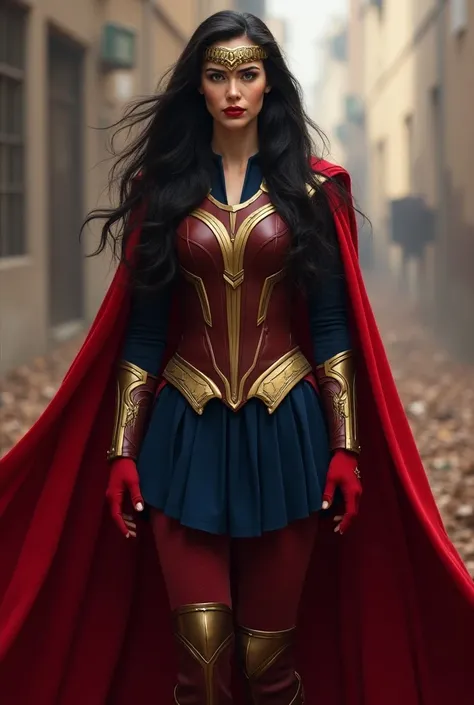 Marvel, Mighty She Thor, aged 25, long black hair, white skin, velvet red, gold and black high-neckline dress,  full sleeve velvet red, gold accents, fitted velvet gold  breastplate, gold sharp pauldrons, blue knife-pleated skirt, gold waist belt, red velv...