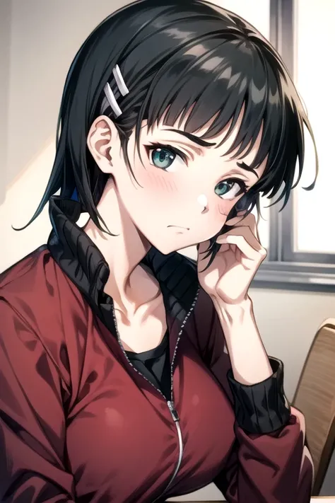 EFT_Sao_Sis, 1girl, kirigaya suguha, black hair, solo, short hair, track jacket, hairclip, hair ornament, jacket, green eyes, food, looking at viewer, black eyes, frown, breasts, sitting, collarbone, upper body, indoors