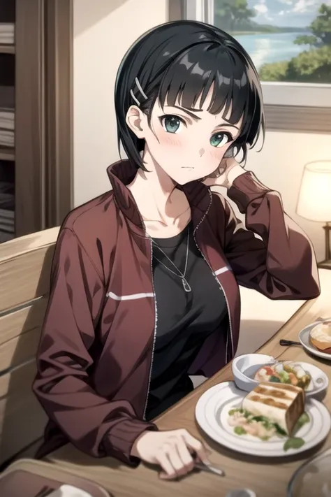 EFT_Sao_Sis, 1girl, kirigaya suguha, black hair, solo, short hair, track jacket, hairclip, hair ornament, jacket, green eyes, food, looking at viewer, black eyes, frown, breasts, sitting, collarbone, upper body, indoors