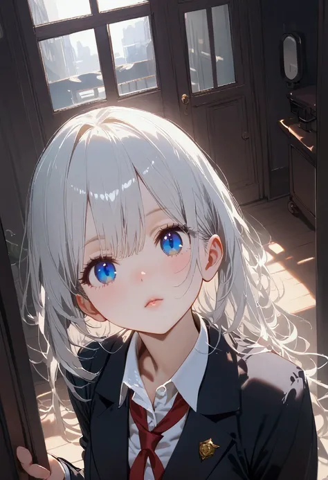 cute , long silver hair, blue eyes, school uniform 