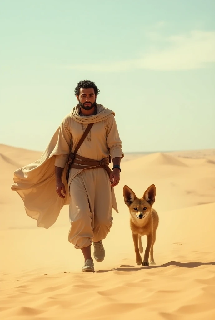 Young Arab man in the desert with a fennec fox as a realistic ally movie trailer 