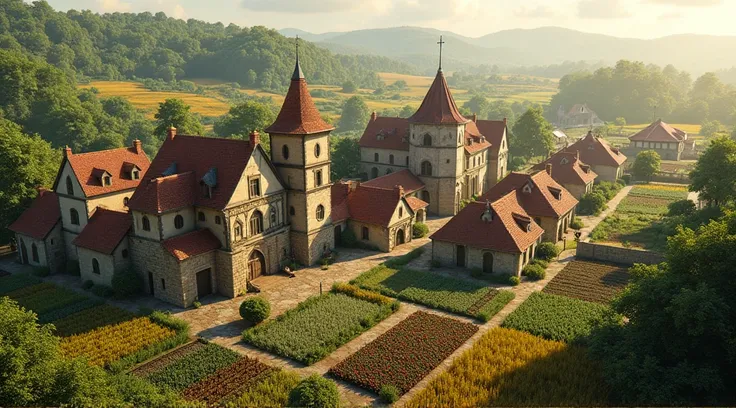 a medieval farming village with rotating crop fields and stone fences, showcasing agricultural diversity, detailed intricate architecture, lush green foliage, warm natural sunlight, vibrant colors, highly detailed, photorealistic, 8k, best quality