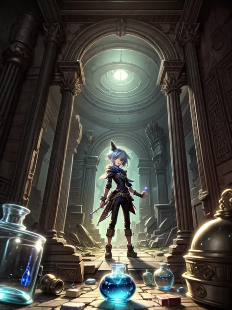 detailed 8k alchemist girl with potions around inside the ruins inside the ruins