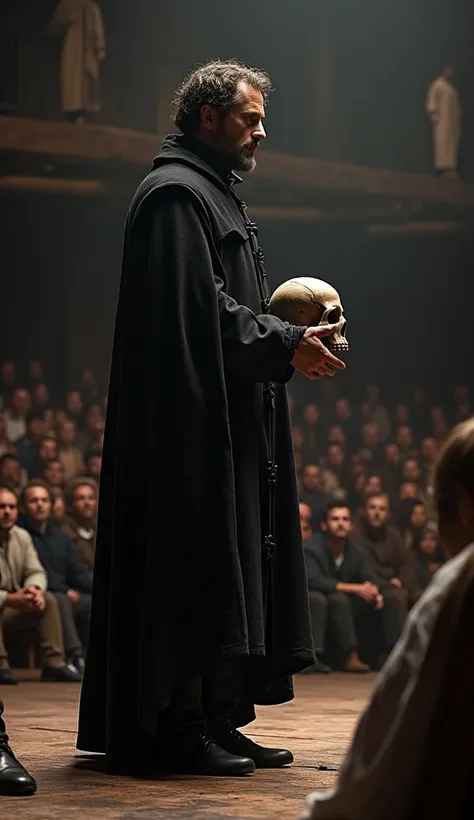 Performing ‘Hamlet’ at the Globe
"A dramatic scene from a performance of ‘Hamlet’ on stage at the Globe Theatre. Hamlet, dressed in dark Elizabethan attire, holds a skull in his hand, delivering the famous To be or not to be soliloquy. The background shows...