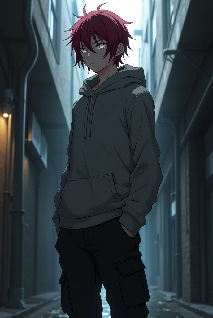 Tokyo Ghoul style, full body, a young man with medium length dark red hair, bright silver eyes, thin build, grey hoodie, black cargo pants.