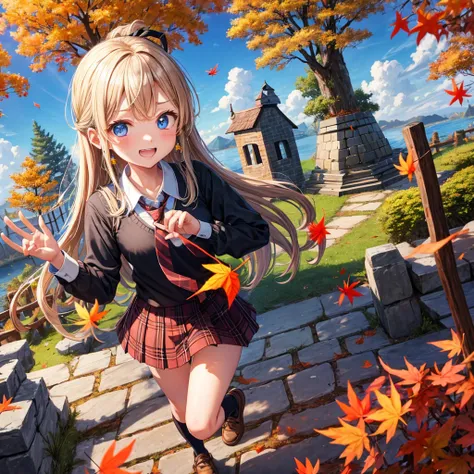 Chestnut Hair、 blue eyes、Hair tied up、Two cute、 plaid mini skirt 、 BLACK T-SHIRT、 Long Sleeve 、and、striped high socks、tie、Teeth are visible、lawn、The stone is cracked、Uneven ground、Brick wall、The road is curved、Diamond Earrings、View from above、Large autumn ...