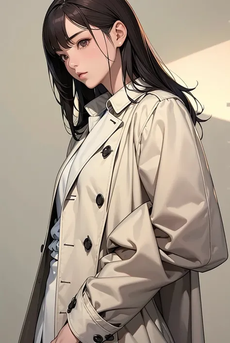  Chinese Girl，Around 20 years old，2. Slim height 3 .  round face 4 .  Danfeng eyes 5 .  eyes are brown in the sun ， not big or small 6 .  hair is straight ，The black one
7.  Wearing a white shirt with ruffles 、blue jeans and a long khaki trench coat