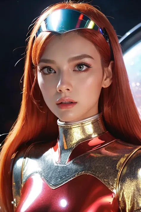  android、 sexy、Red Hair、Space Suit、whole body、metallic ornaments、Transparent helmet、 60s Sci-fi Movie Style 、 pastel colors 、Woman facing the front with a futuristic spaceship in the back 、A view of the future、 Retrofuture、 well-prepared face、 beautiful fa...