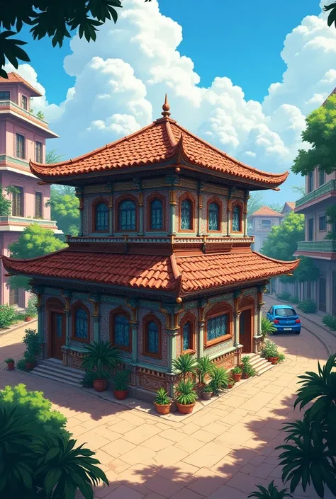 Create an indian houes with roof tile with front road anime