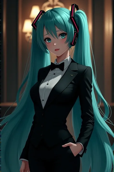 Hatsune Miku dressed in an elegant formal black suit