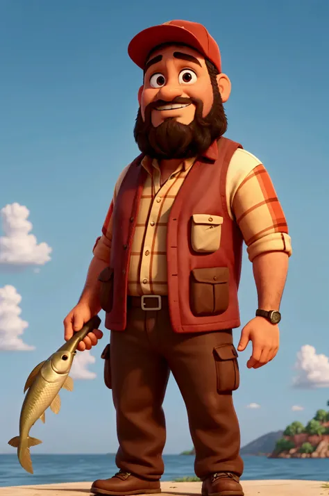 Middle shot of a friendly 35-year-old fisherman in front of the camera, has a thick brown beard .  He is dressed in a red shirt and a brown fishing vest