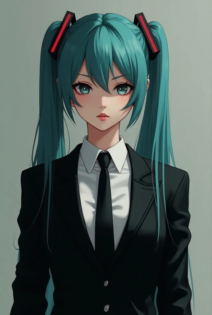 Hatsune Miku dressed in an elegant formal black suit with a black glove on her right hand