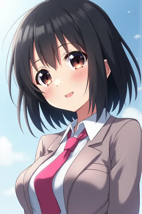 An anime girl with short black hair smiling and wearing a uniform with a pink necktie looking slightly sideways