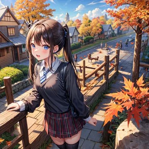 Chestnut Hair、 blue eyes、Hair tied up、Two cute、 plaid mini skirt 、 BLACK T-SHIRT、 Long Sleeve 、and、striped high socks、tie、Teeth are visible、lawn、The stone is cracked、Uneven ground、Brick wall、The road is curved、Diamond Earrings、View from above、Large autumn ...