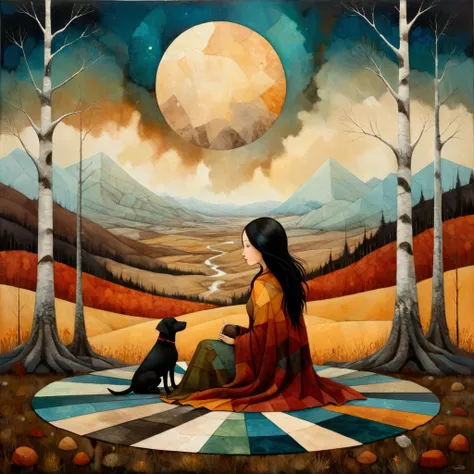 oil and acrylic painting. In the style of Andy Kehoe, Dave McKean. Landscape, a wide shot of a woman, balck hair, is sitting on wide patchwork blanket, with irregular triangular wefts with warm colors, brown ochre, red, sitting with her ((brown)) labrador ...