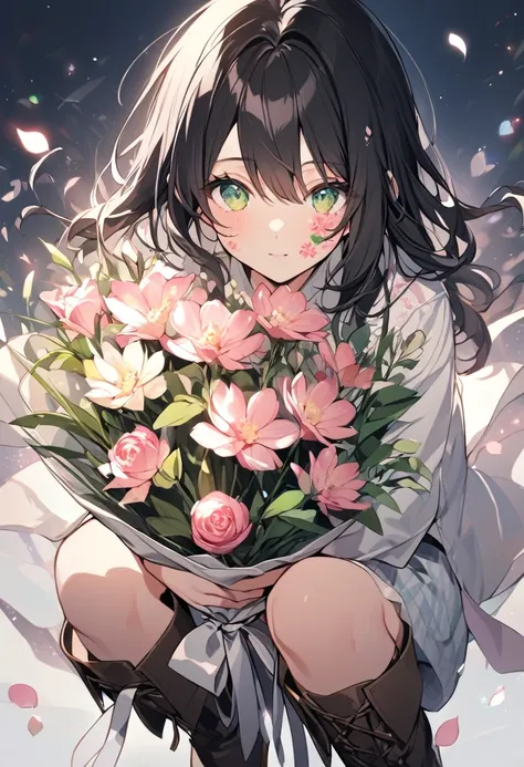 A girl ((solo)). She has black hair, green eyes with pink sparkles. She has a flower mark on the cheek. Shes wearing overrals and a white button shirt, with leather boots. Shes holding a flower bouquet.