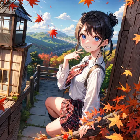 Chestnut Hair、 blue eyes、Hair tied up、Two cute、 plaid mini skirt 、 BLACK T-SHIRT、 Long Sleeve 、and、striped high socks、tie、Teeth are visible、lawn、The stone is cracked、Uneven ground、Brick wall、The road is curved、Diamond Earrings、View from above、Large autumn ...