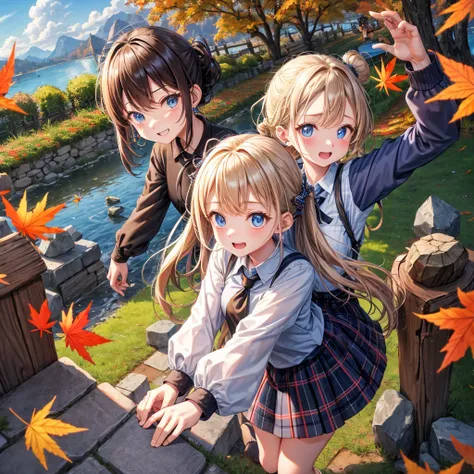 Chestnut Hair、 blue eyes、Hair tied up、Two cute、 plaid mini skirt 、 BLACK T-SHIRT、 Long Sleeve 、and、striped high socks、tie、Teeth are visible、lawn、The stone is cracked、Uneven ground、Brick wall、The road is curved、Diamond Earrings、View from above、Large autumn ...