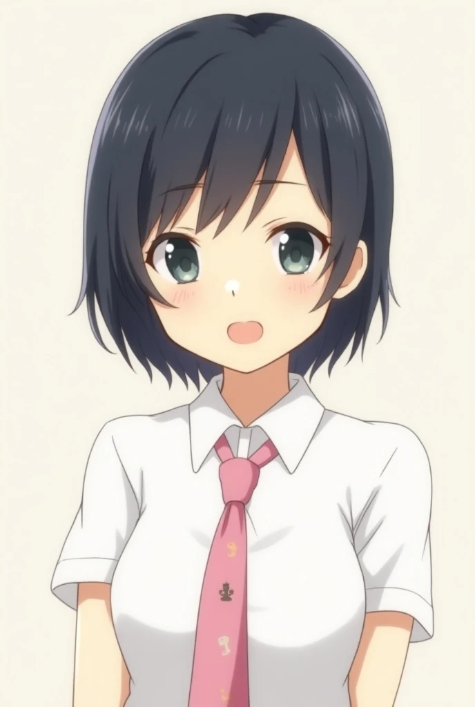 An anime girl with short black hair smiling and wearing a white uniform with a pink necktie with small chess looking slightly sideways