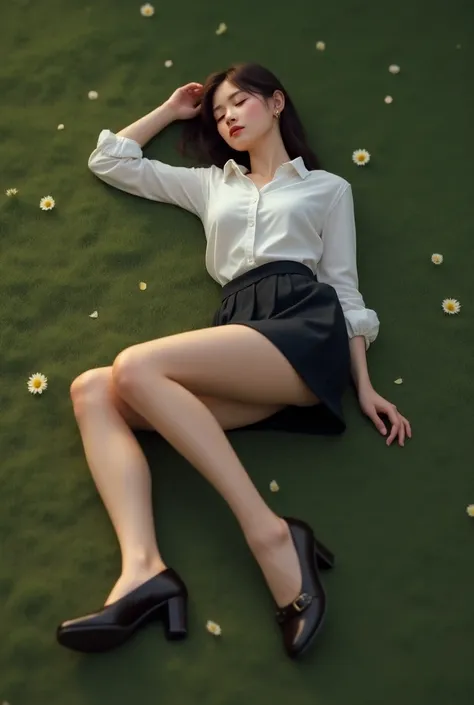 A realistic woman sleeping outside floor in shoes and short suit skirt 