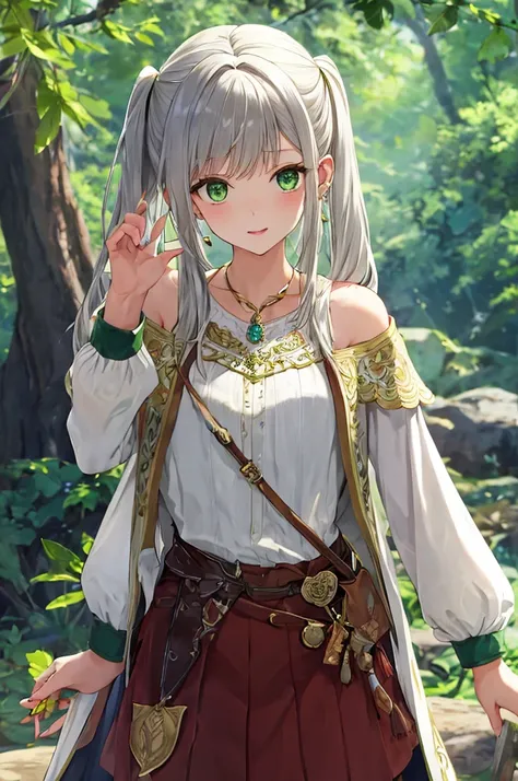 ((masterpiece)), (Best Quality),  high definition, Super detailed, Confused,
 freeze, 女の子1 person,  earrings for a woman alone, Long Hair,  pointed ears, 1 person々in,  Twin Tails, green eyes,  earrings for a woman alone, Grey Hair,  Watch Viewers ,  capele...