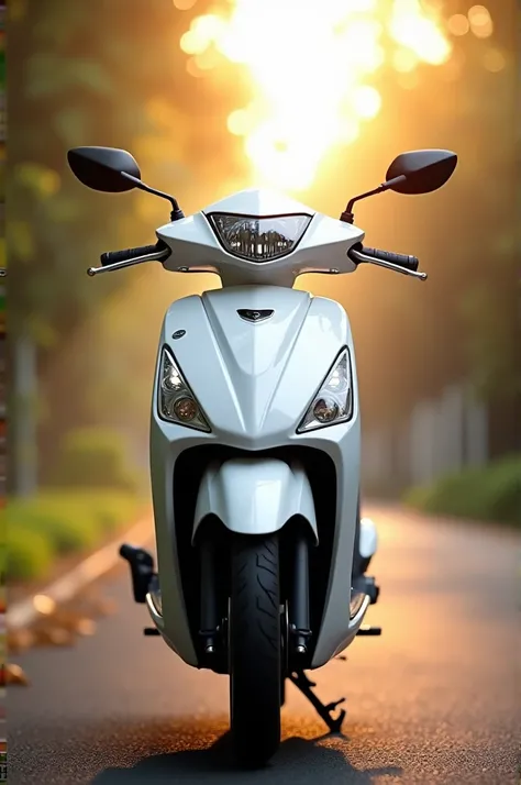 White Indonesian automatic motorbike, front view, very realistic, best details, very natural, cinematic, best illustration, Indonesian morning atmosphere 